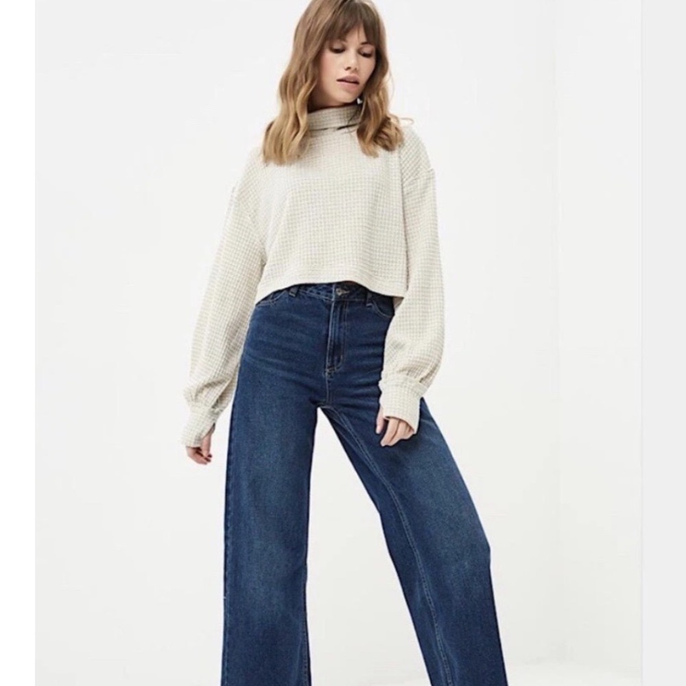 Free People | Women's Oatmeal Cream Waffle Knit Mock Neck Crop Thermal Top, XL